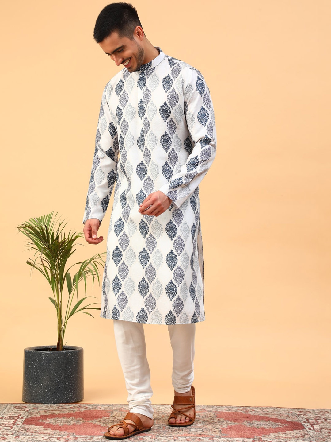

TABARD Ethnic Motifs Printed Mandarin Collar Cotton Straight Kurta, White