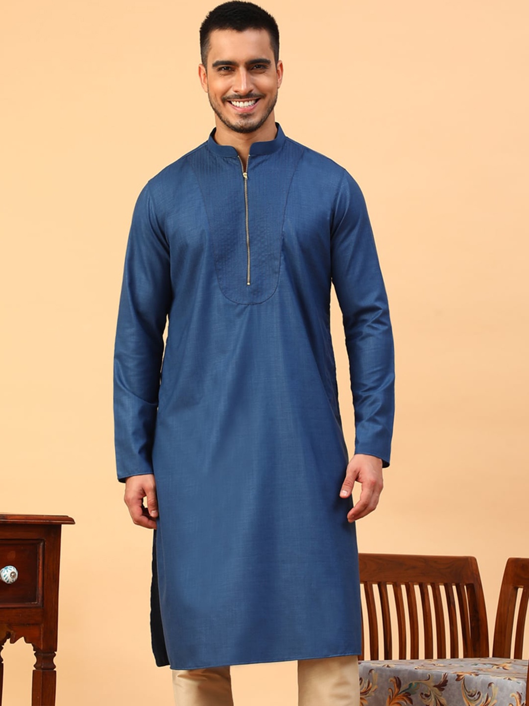 

TABARD Mandarin Collar Cotton Straight Kurta, Blue