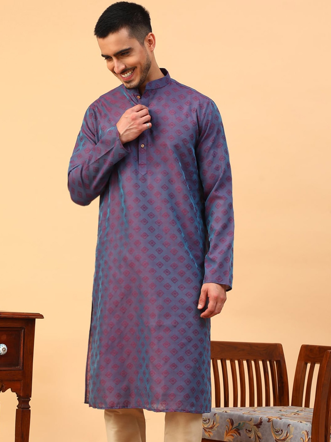 

TABARD Ethnic Motif Woven Design Mandarin Collar Cotton Straight Kurta, Purple