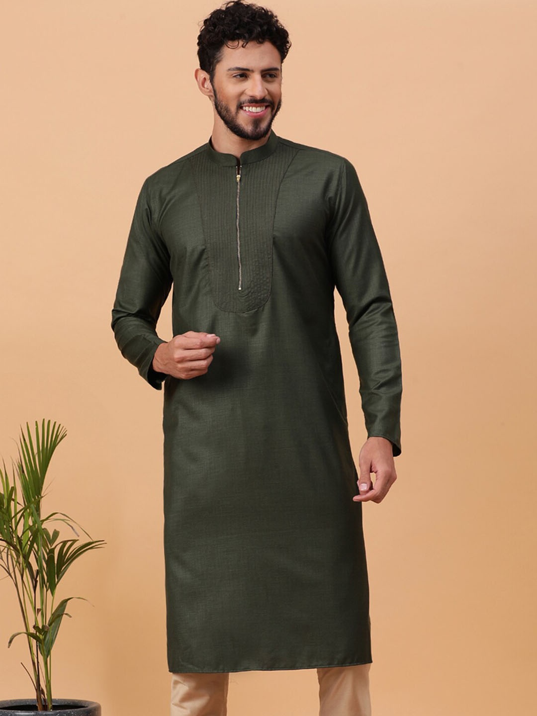 

TABARD Mandarin Collar Cotton Straight Kurta, Green