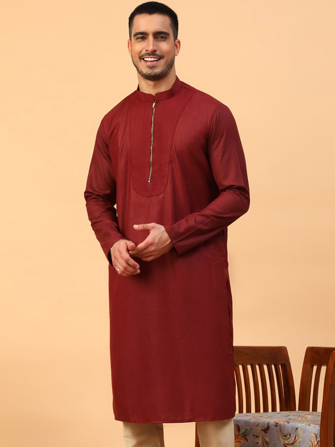 

TABARD Mandarin Collar Cotton Straight Kurta, Maroon