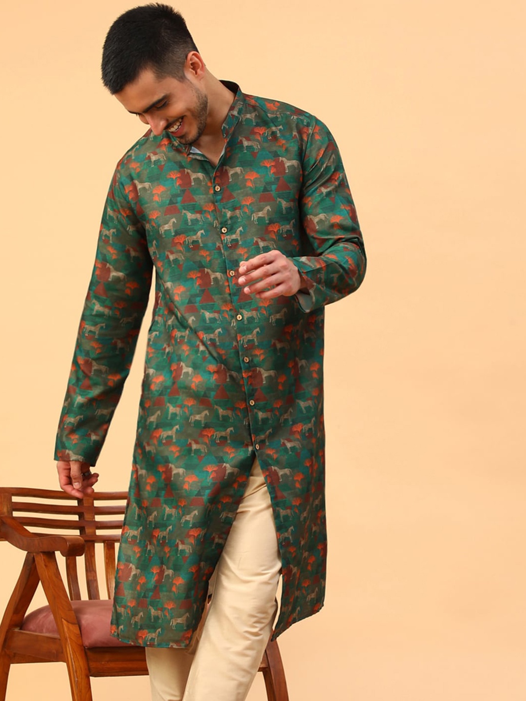 

TABARD Ethnic Motif Printed Mandarin Collar Cotton Straight Kurta, Green