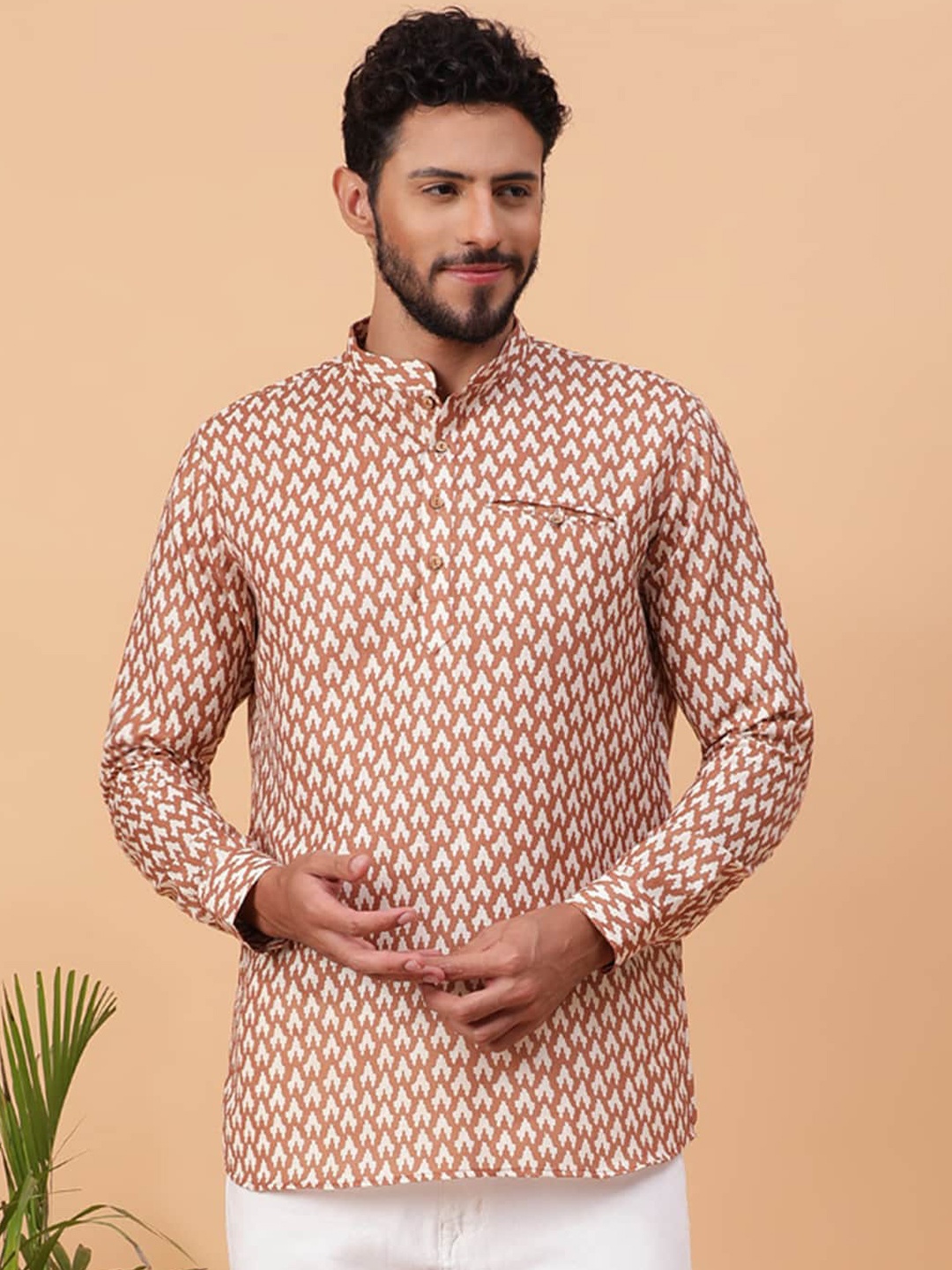 

TABARD Geometric Printed Band Collar Cotton Straight Kurta, Mustard