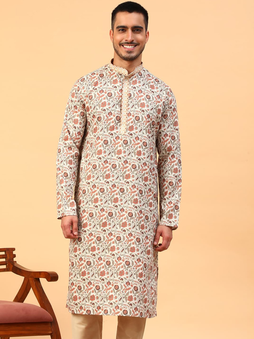 

TABARD Floral Printed Straight Cotton Kurta, Beige