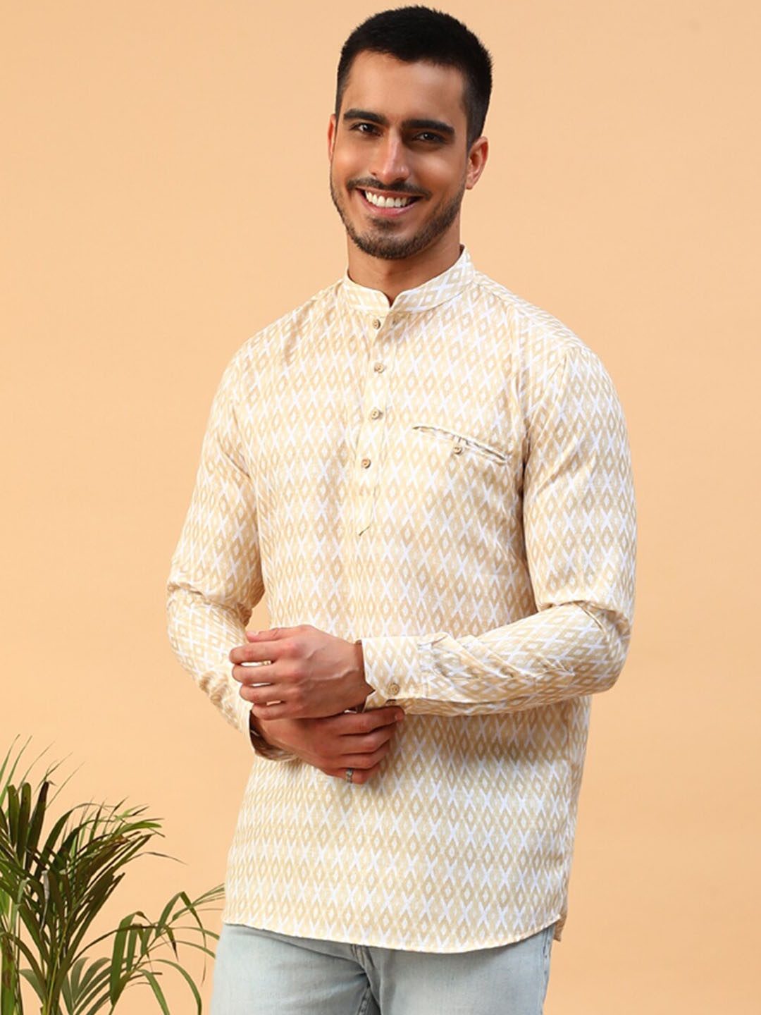 

TABARD Geometric Printed Mandarin Collar Cotton Kurta, Yellow
