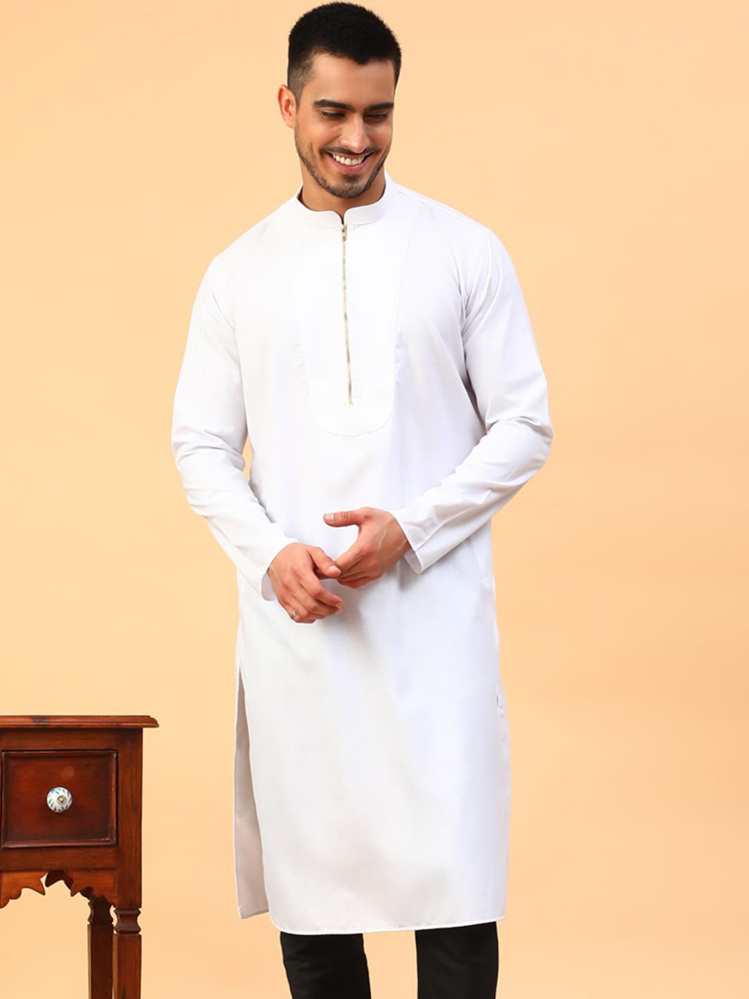 

TABARD Mandarin Collar Straight Cotton Kurta, White