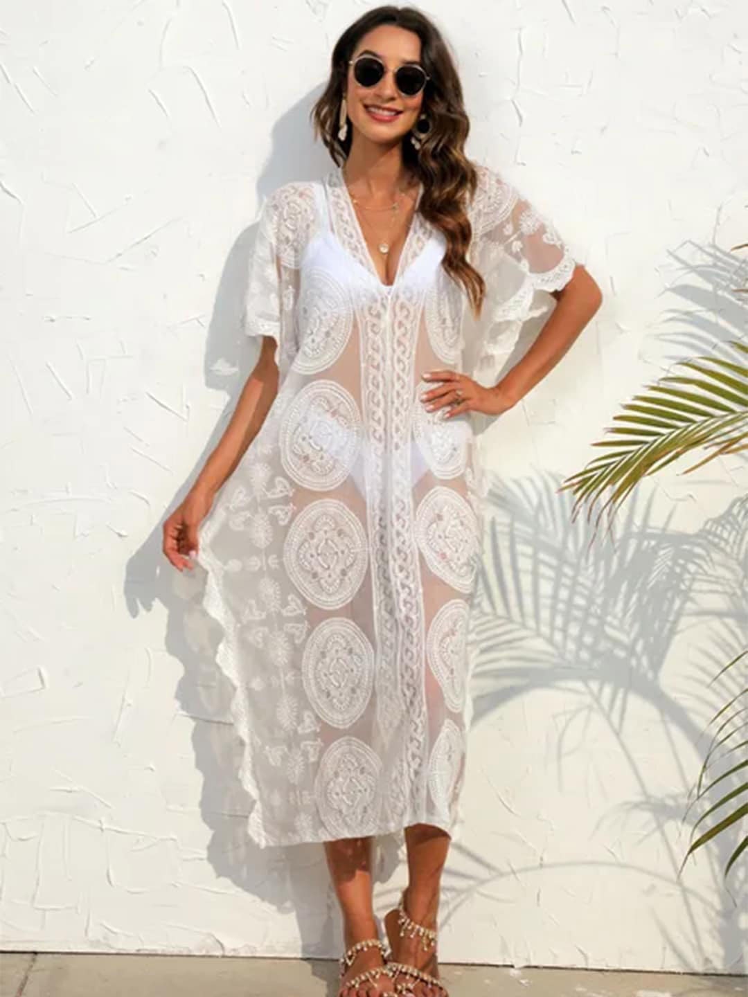 

Addery Self Design Kaftan Swimwear Cover Up Dress, White