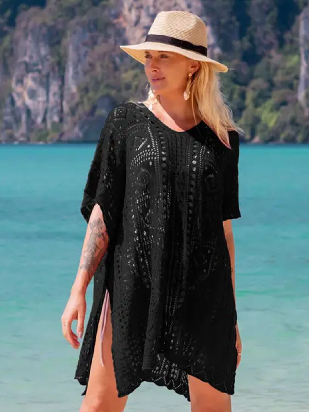 

Addery Self Design V-Neck Swimwear Cover up Top, Black