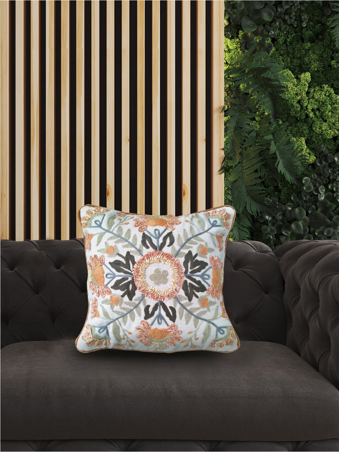 

SHADES of LIFE Orange & Green 2 Pieces Embroidered Cotton Square Cushion Covers