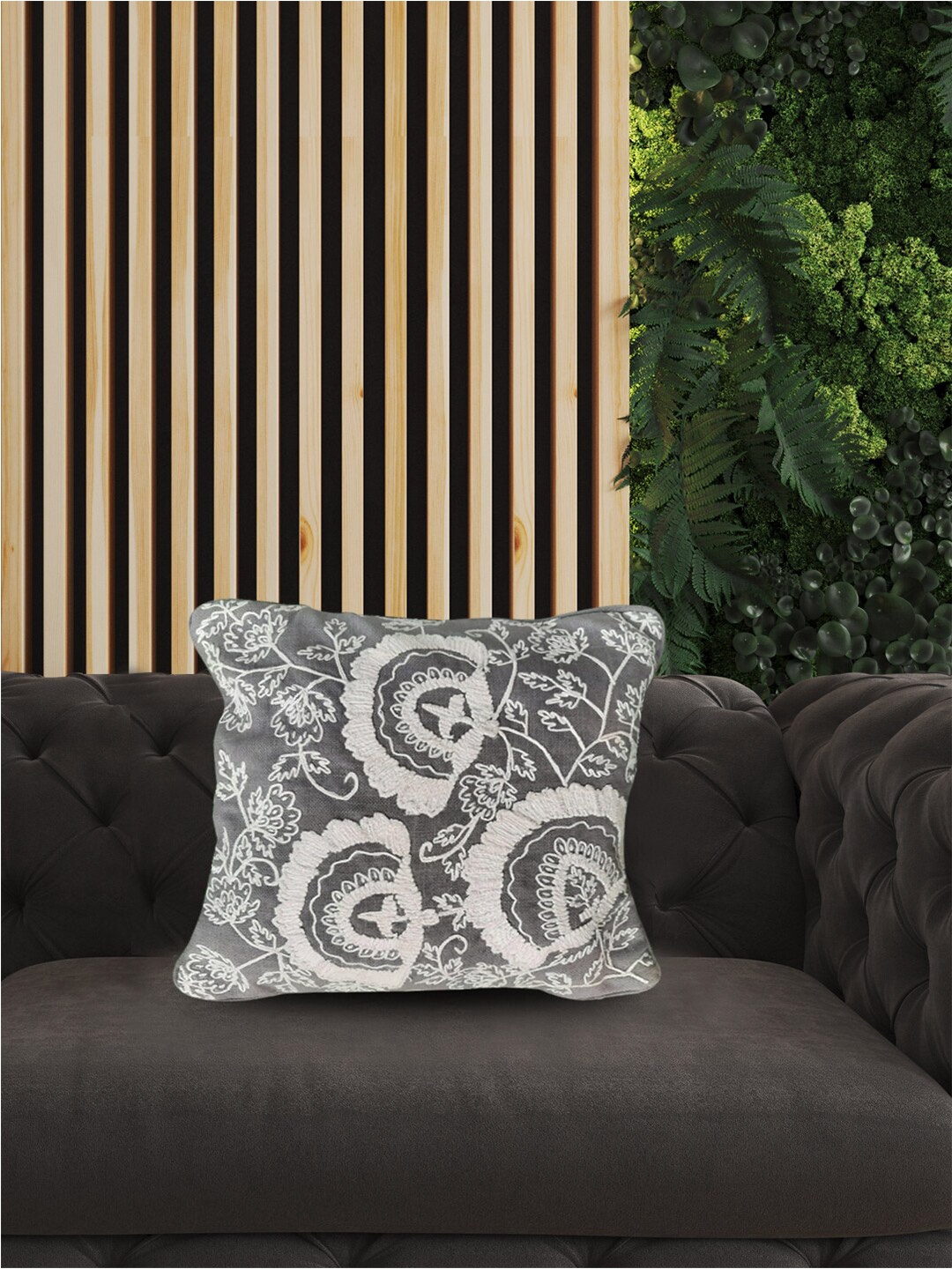 

SHADES of LIFE Grey & White 2 Pieces Embroidered Cotton Square Cushion Covers