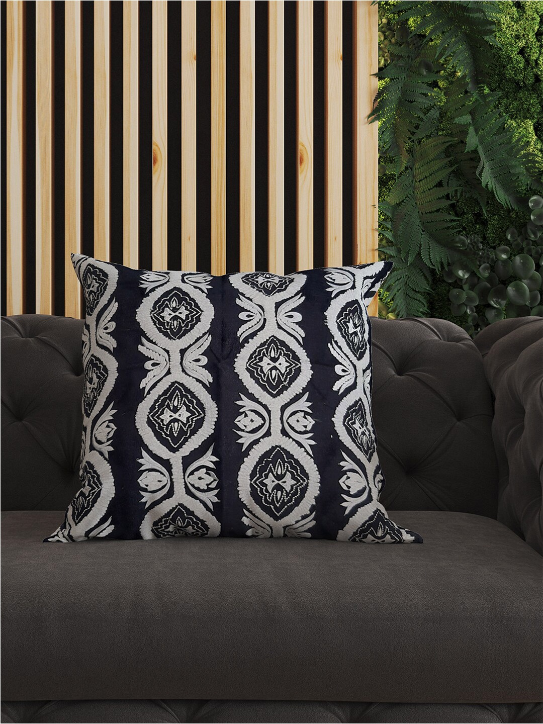 

SHADES of LIFE Navy Blue & White 2 Pieces Embroidered Cotton Square Cushion Covers