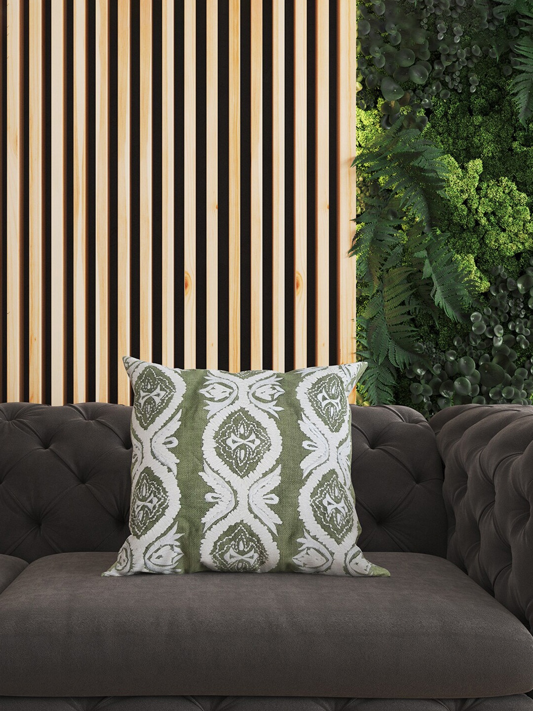 

SHADES of LIFE Green & White 2-Pieces Embroidered Square Cushion Covers