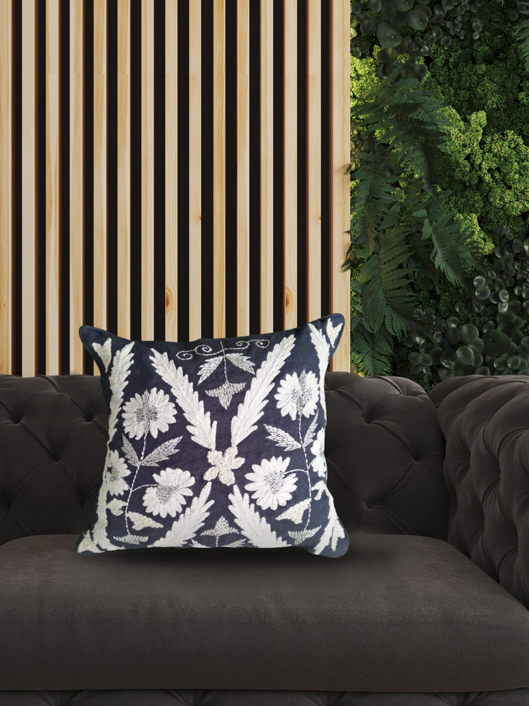 

SHADES of LIFE Blue & White 2 Pieces Embroidered Cotton Square Cushion Covers