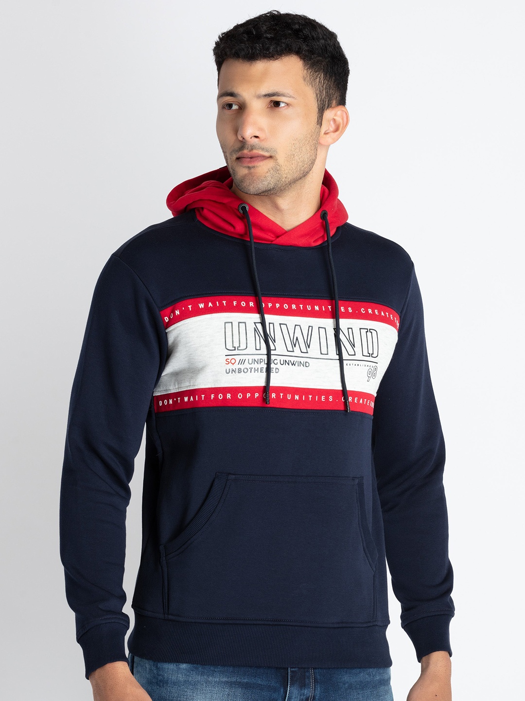 

Status Quo Typography Printed Hooded Cotton Sweatshirts, Navy blue