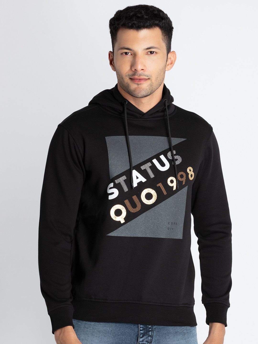 

Status Quo Typography Printed Hooded Cotton Pullover Sweatshirt, Black