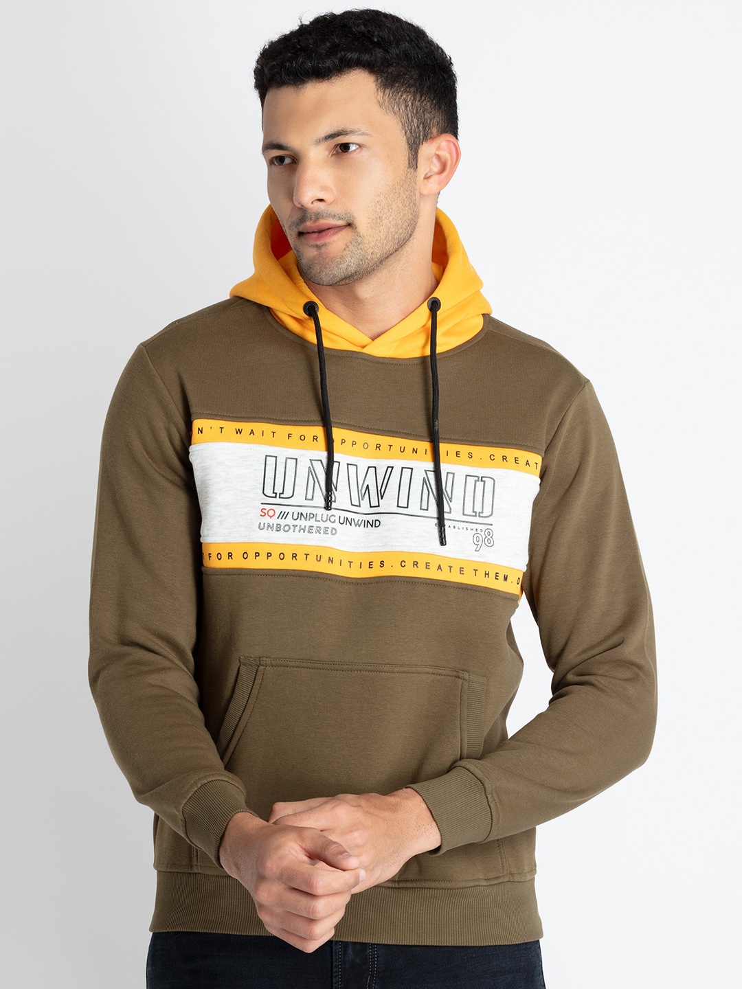 

Status Quo Typography Printed Hooded Cotton Sweatshirt, Olive