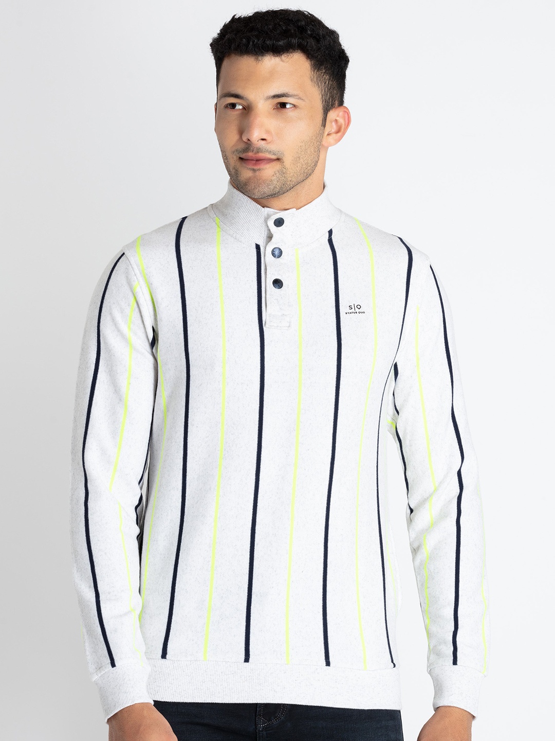 

Status Quo Striped Mock Collar Neck Cotton Sweatshirt, Off white
