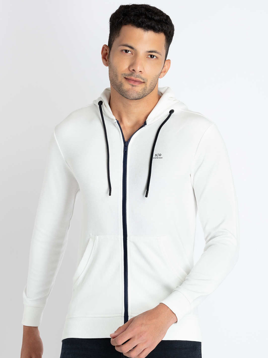 

Status Quo Hooded Cotton Front Open Sweatshirt, White