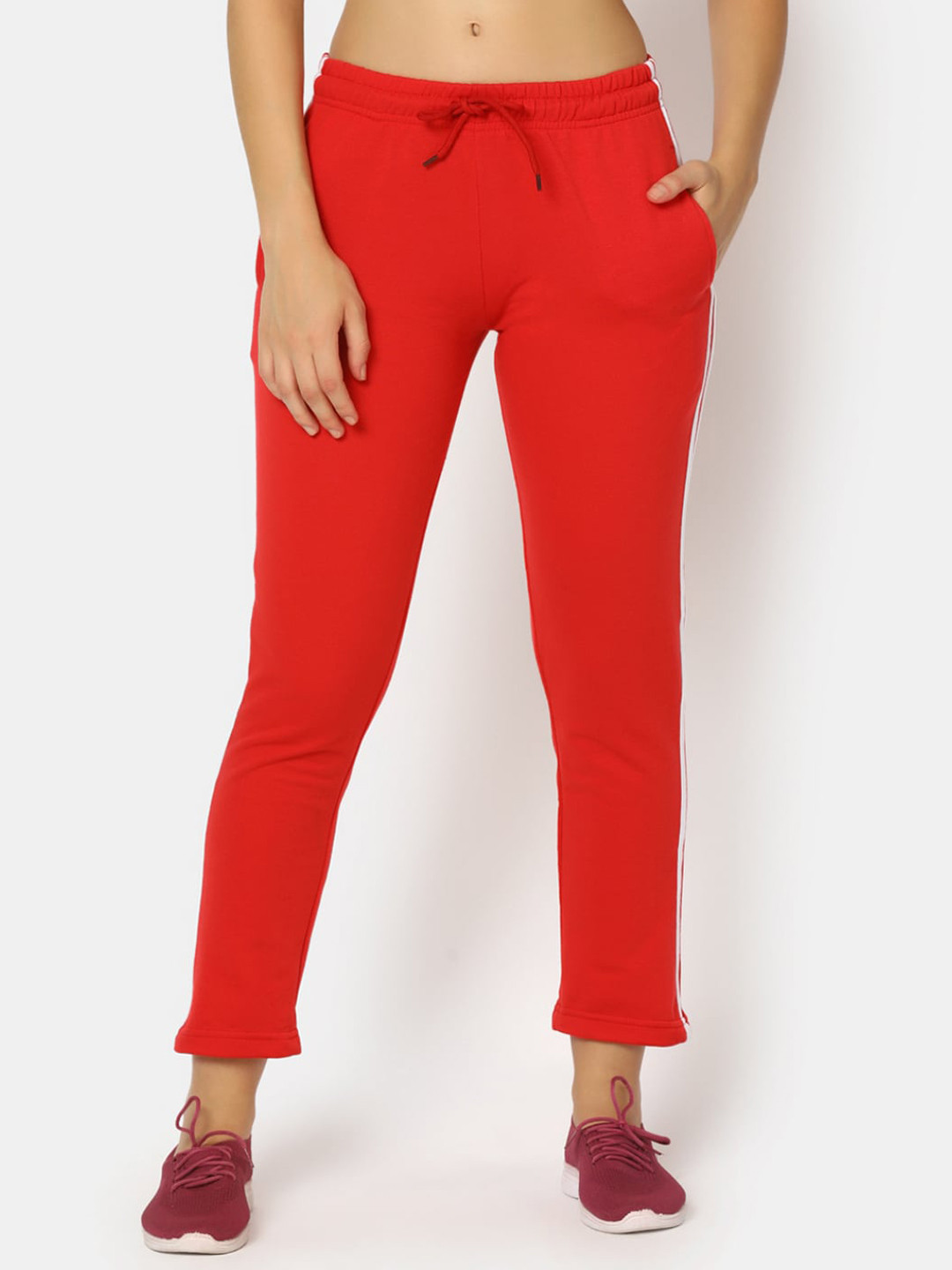 

V-Mart Women Side Striped Mid-Rise Cotton Fleece Track pant, Red