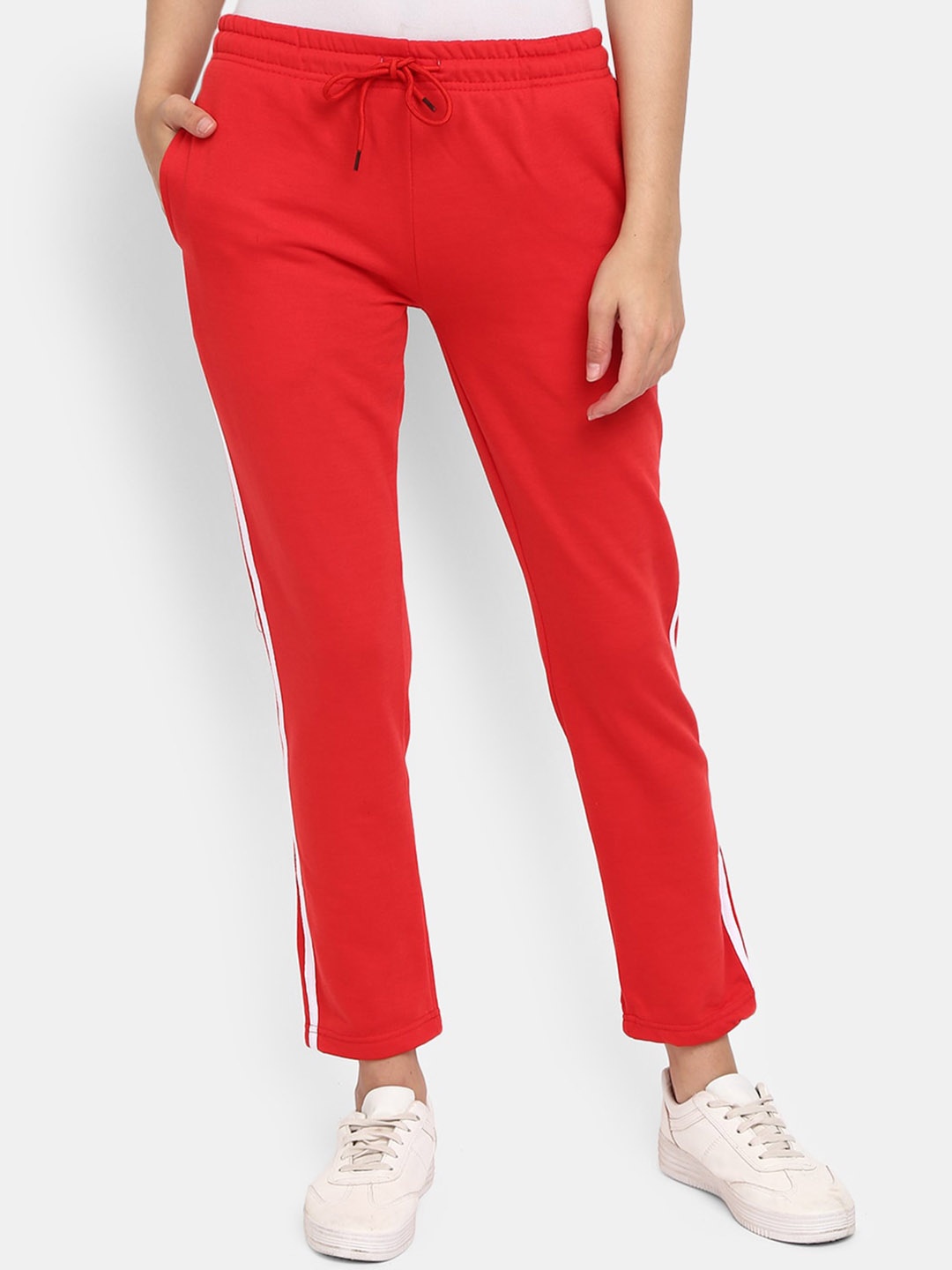 

V-Mart Women Side Striped Mid-rise Cotton Fleece Track pant, Red