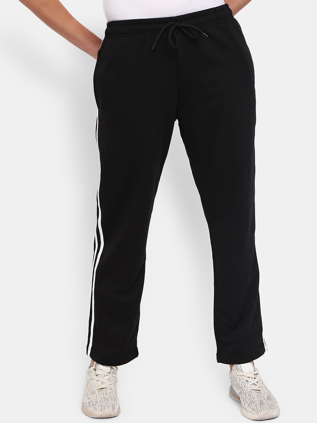 

V-Mart Women Side Striped Mid-Rise Cotton Fleece Track pant, Black