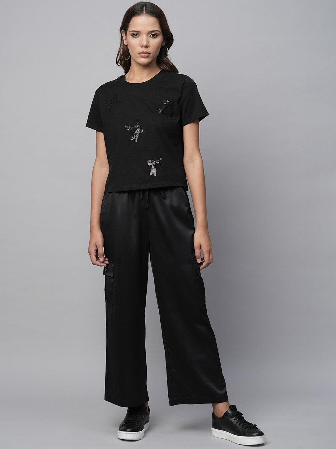 

Chemistry Sequin Embroidered T-shirt & Satin Cargo Lounge Pants, Black