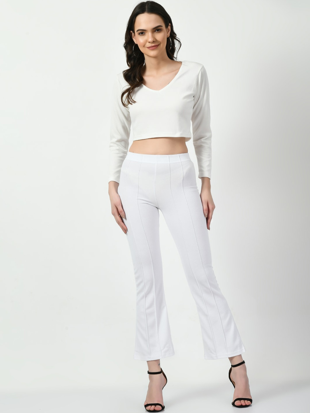 

CLAFOUTIS V-Neck Crop Top With Bell Bottom Trouser, White