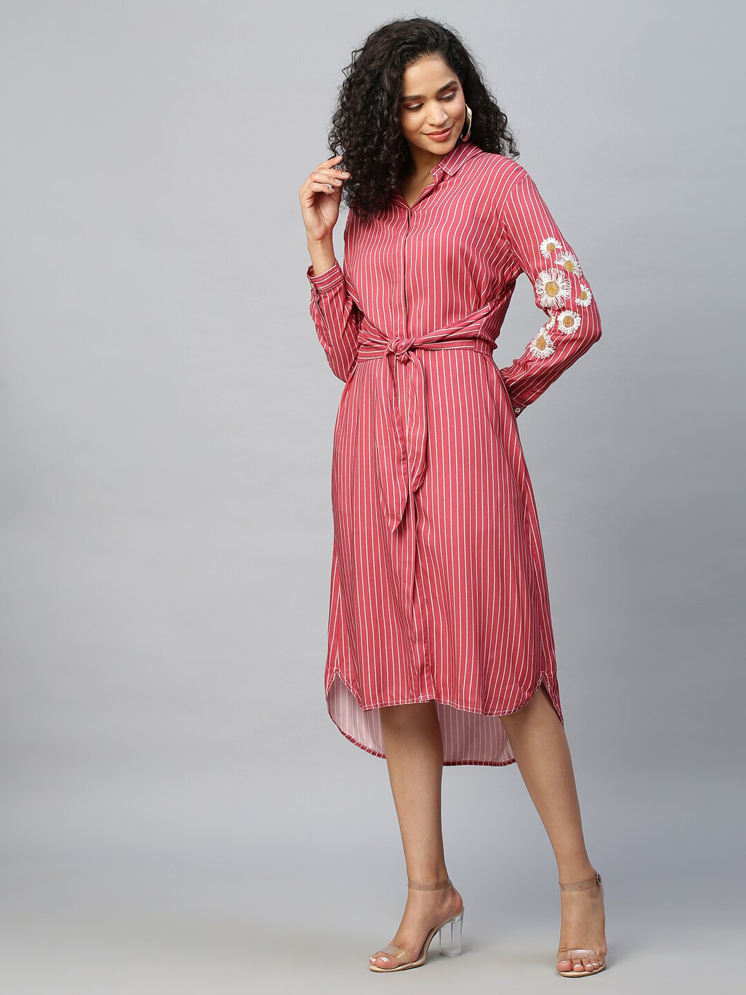 

Chemistry Striped Floral Embroidered Tie-Up Shirt Collar Midi Shirt Dress, Coral