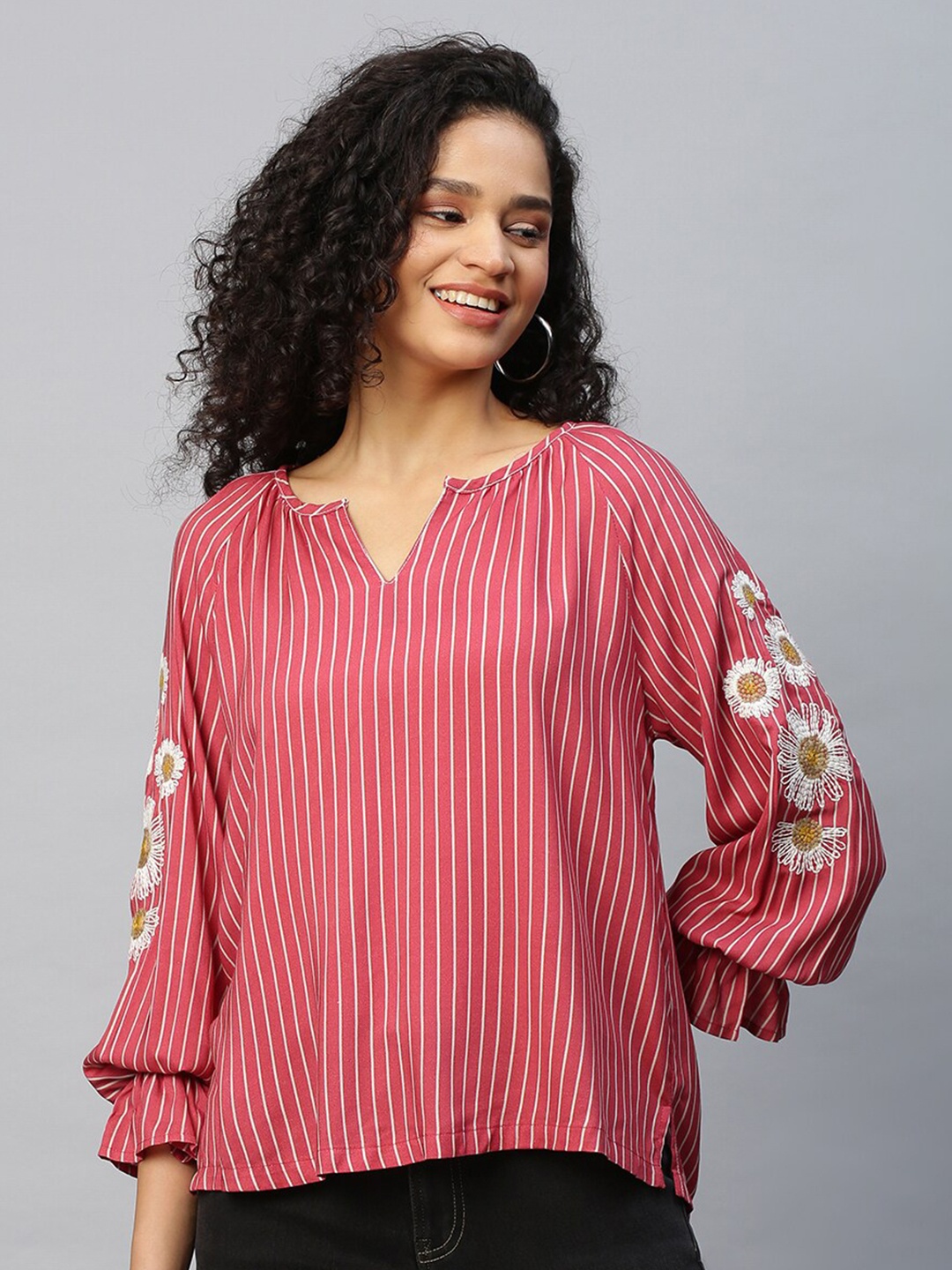 

Chemistry Striped Floral Embroidered Regular Top, Coral