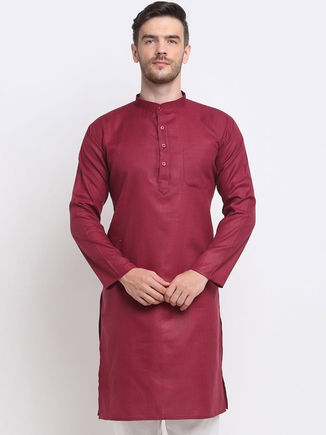 

Angroop Mandarin Collar Cotton Silk Straight Kurta, Magenta