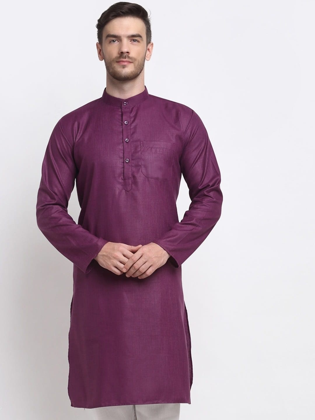 

Angroop Mandarin Collar Cotton Silk Straight Kurta, Purple