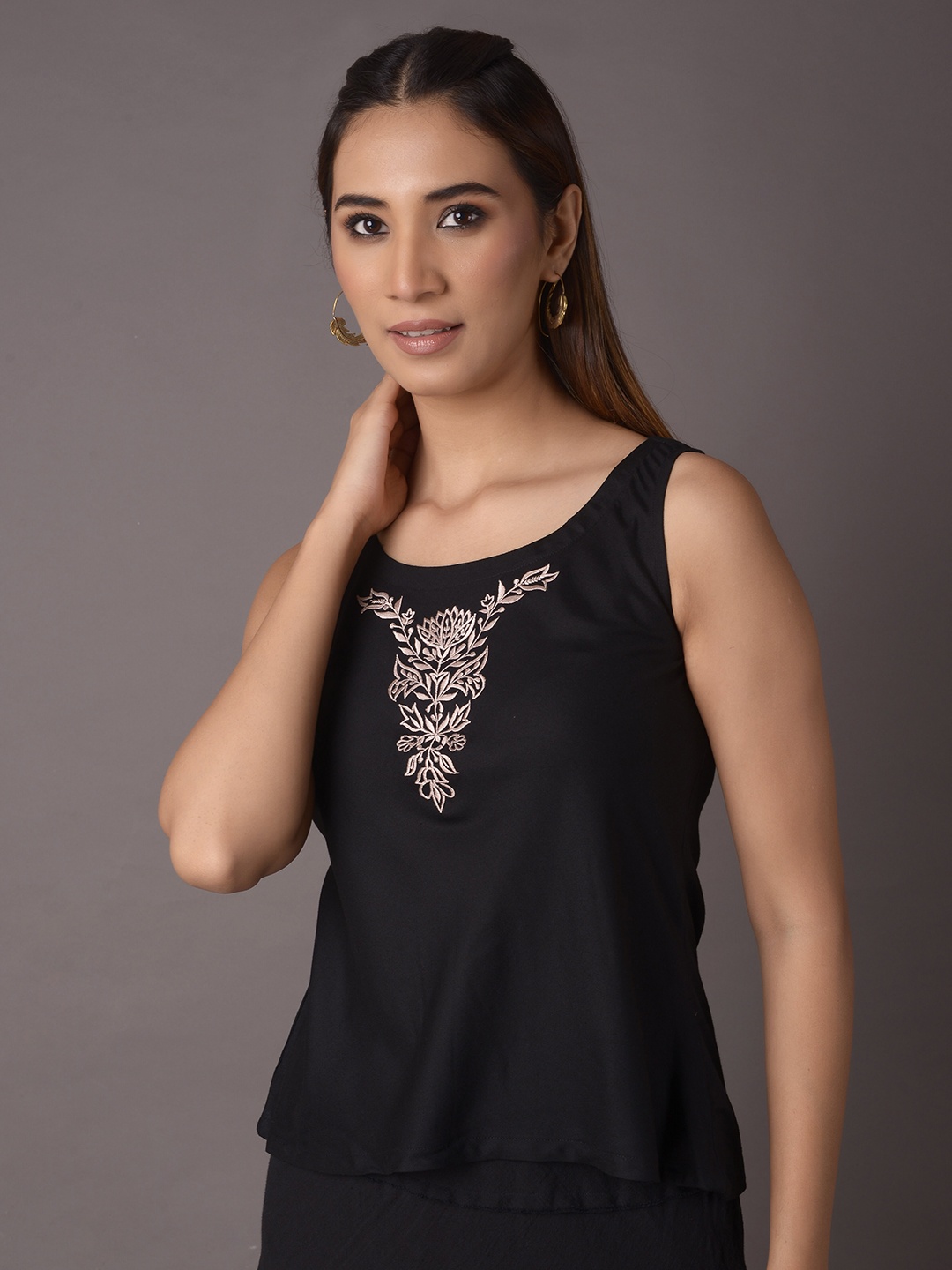 

PINKSKY Ethnic Motifs Embroidered Sleeveless Cotton Top, Black