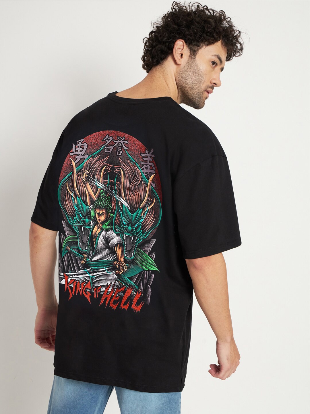 

COMICSENSE One Piece Anime Inspired King Of Hell Printed Anime Oversized T Shirt, Black