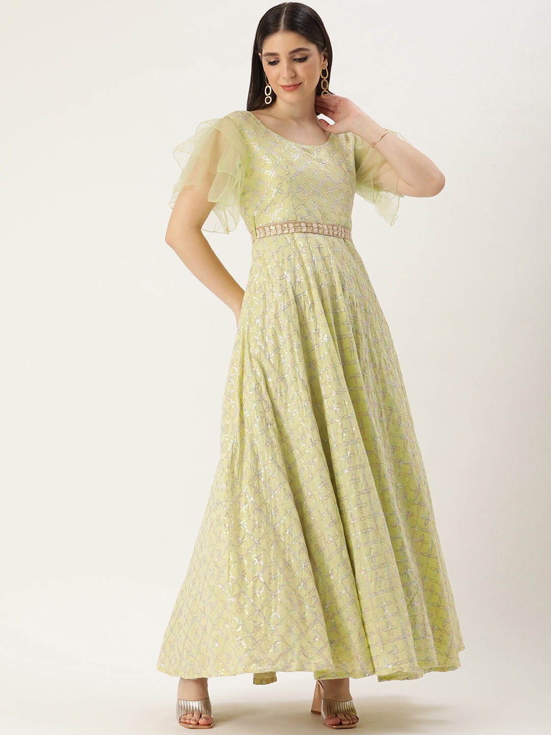 

Ethnovog Embellished Embroidered Flared Sleeve Gown Maxi Dress, Green