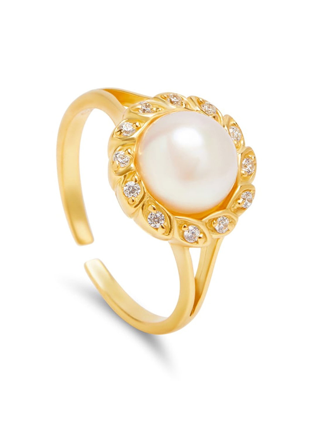 

March by FableStreet 925 Sterling Silver 18KT Gold-plated Pearl-studded Finger Ring