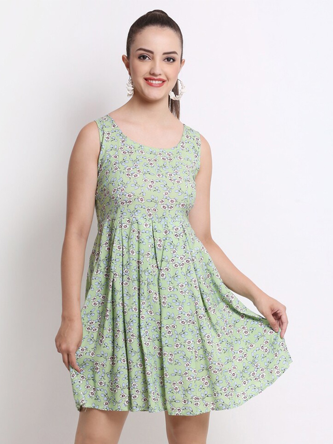 

HERE&NOW Floral Printed Round Neck Sleeveless Fit & Flare Dress, Green