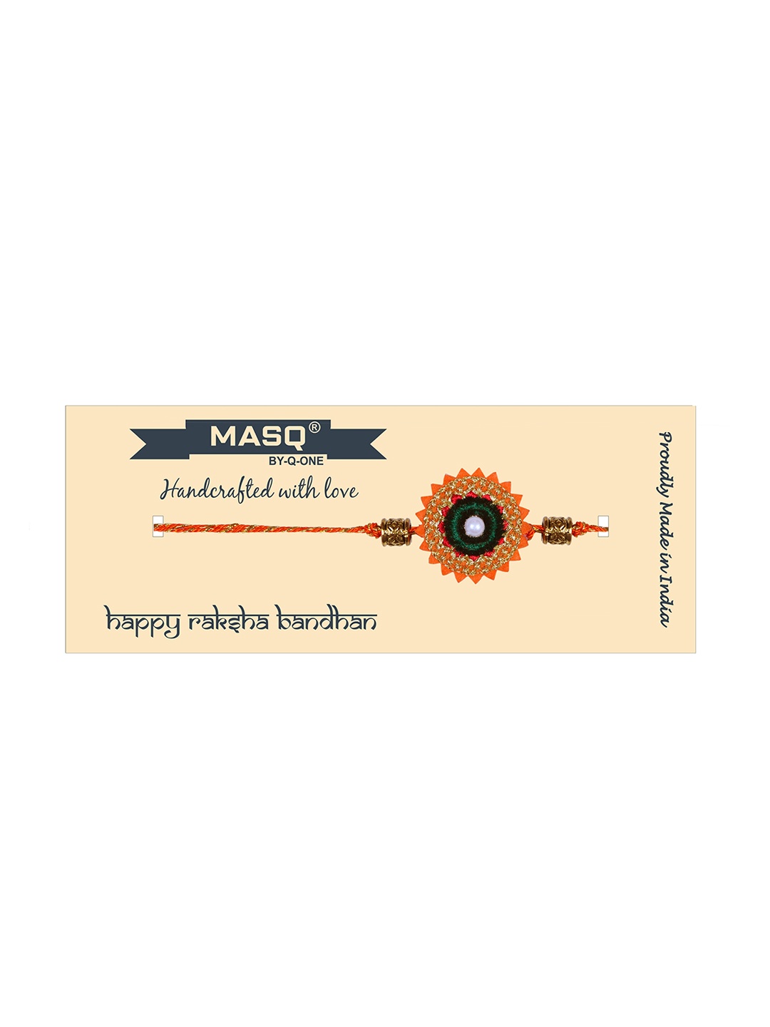 

MASQ Men Set Of 2 Pearl Beaded Thread Rakhis With Roli & Rice, Off white