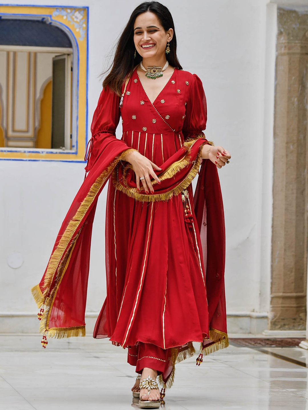 

Urbanstree Floral Embroidered Angrakha Silk Georgette Kurta with Trousers & Dupatta, Maroon