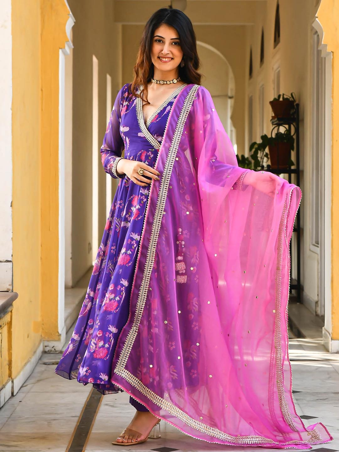 

Urbanstree Floral Printed Angrakha Sequinned Kurta with Trousers & With Dupatta, Purple
