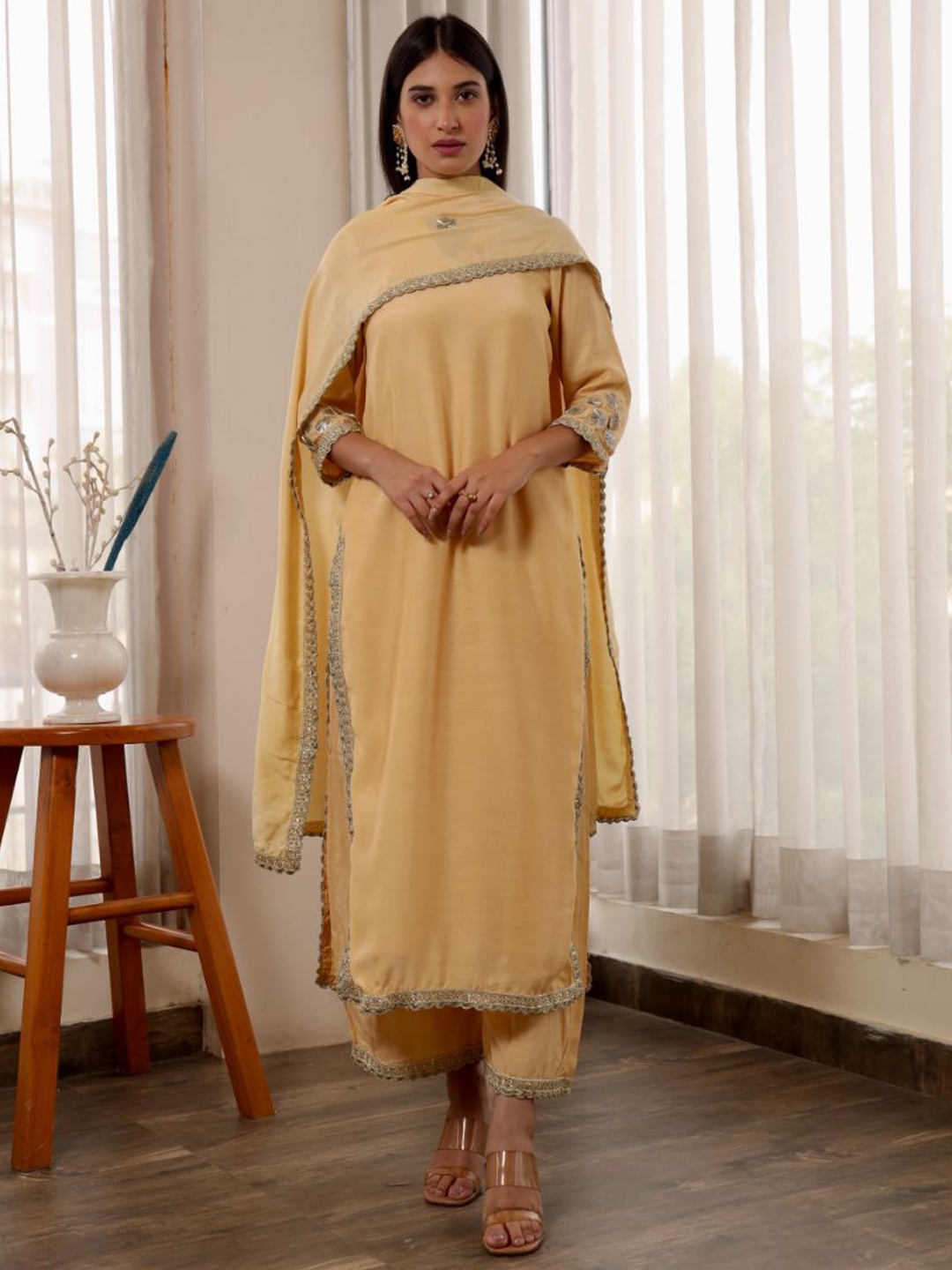 

ASRUMO Lace Detail Straight Kurta & Trousers with Dupatta, Yellow