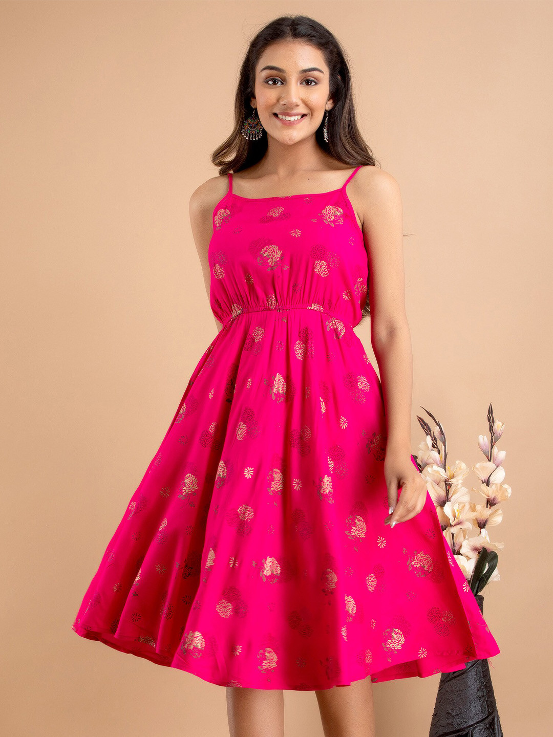 

UNIBLISS Floral Printed Shoulder Strap Fit & Flare Dress, Pink