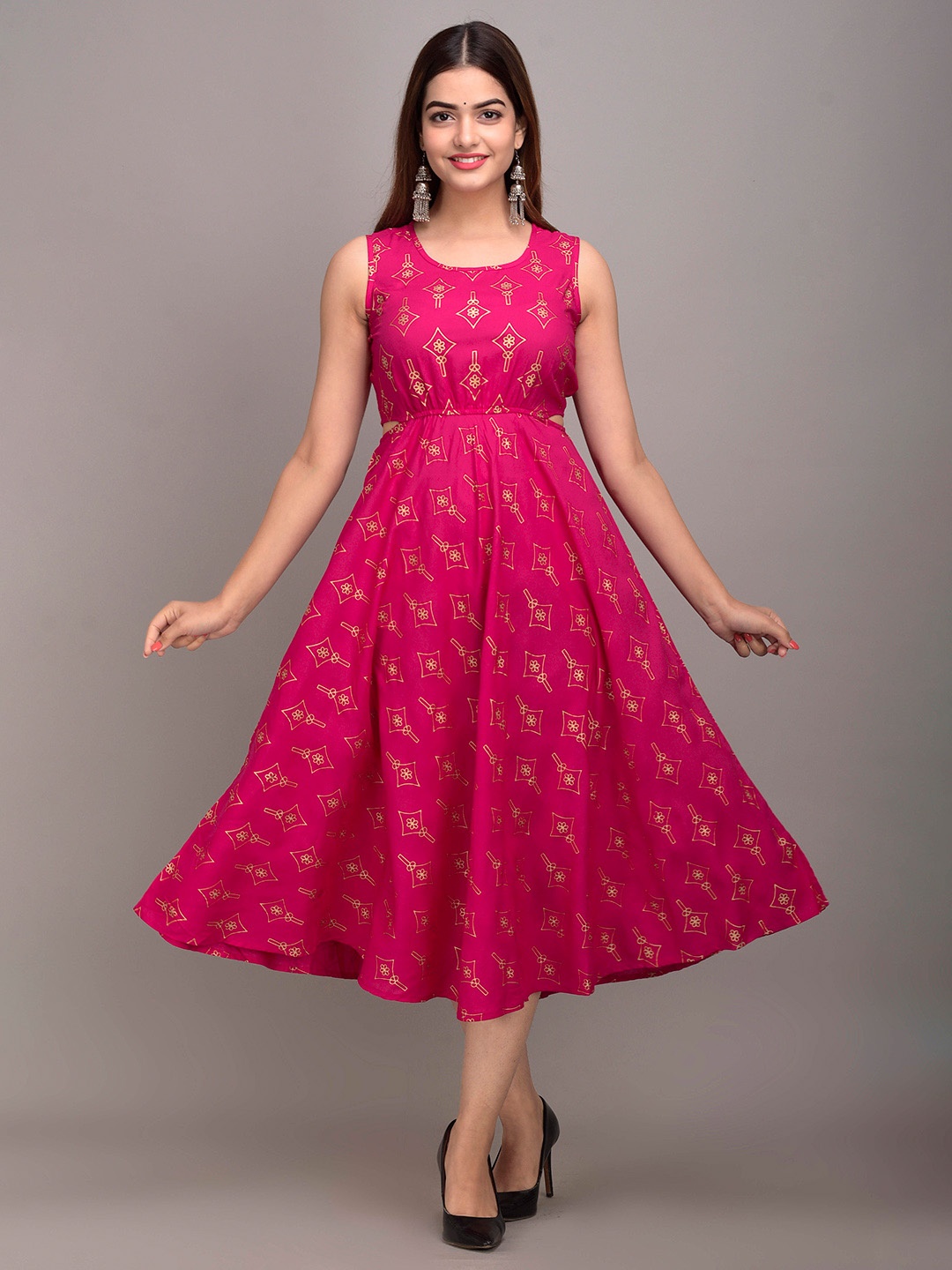 

UNIBLISS Floral Printed Cut Out Detail Fit & Flare Ethnic Dress, Pink
