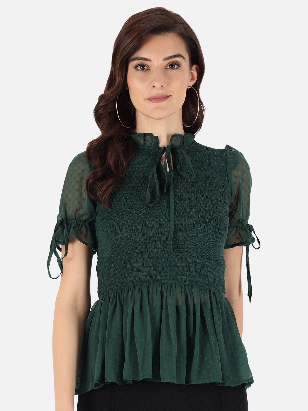 

Trend Arrest Self Design Tie-Up Neck Smocked Dobby Peplum Top, Green