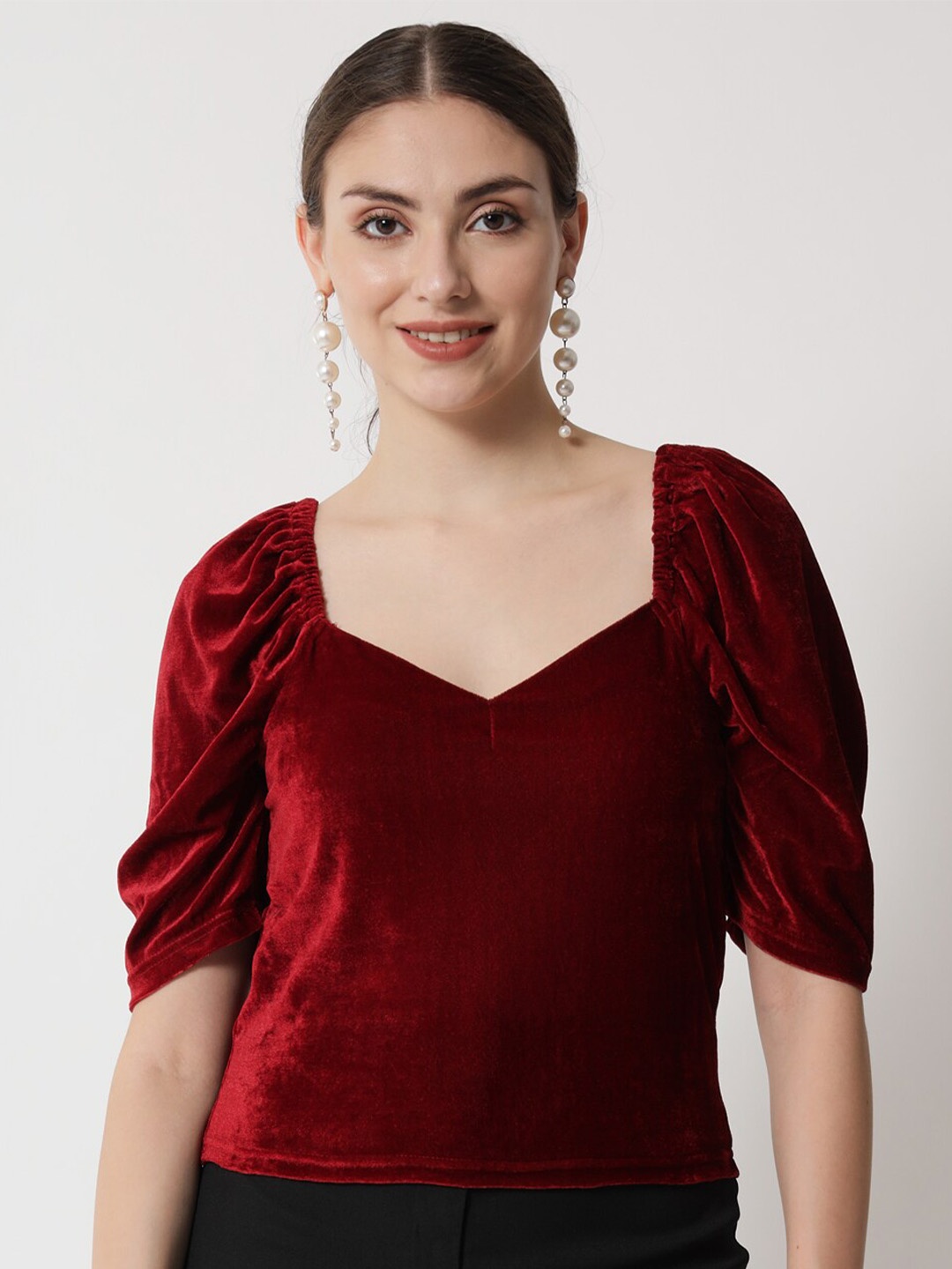 

Trend Arrest Square Neck Puffed Sleeves Velvet Top, Maroon