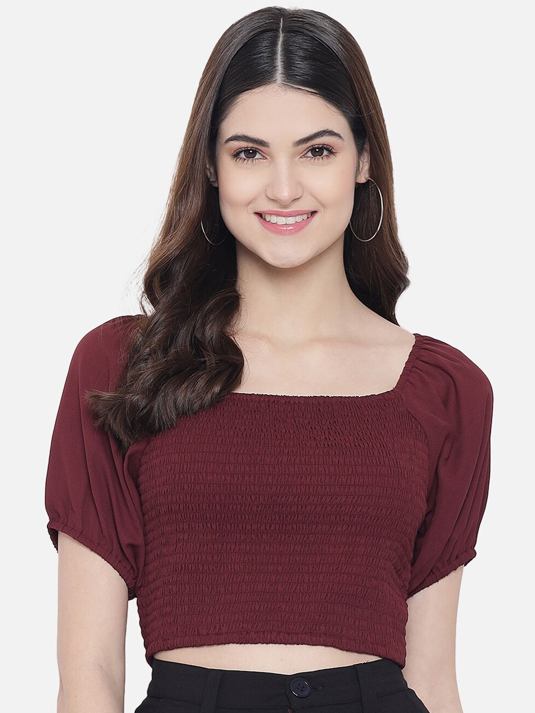 

Trend Arrest Square Neck Puffed Sleeves Smocking Crop Top, Burgundy