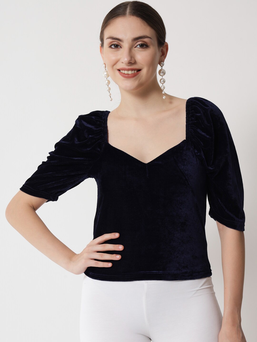

Trend Arrest Square Neck Puffed Sleeves Velvet Fitted Top, Blue