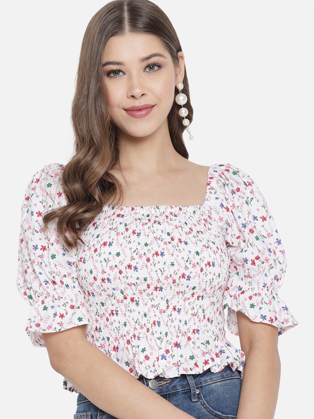 

Trend Arrest Floral Printed Puffed Sleeves Cinched Waist Top, White