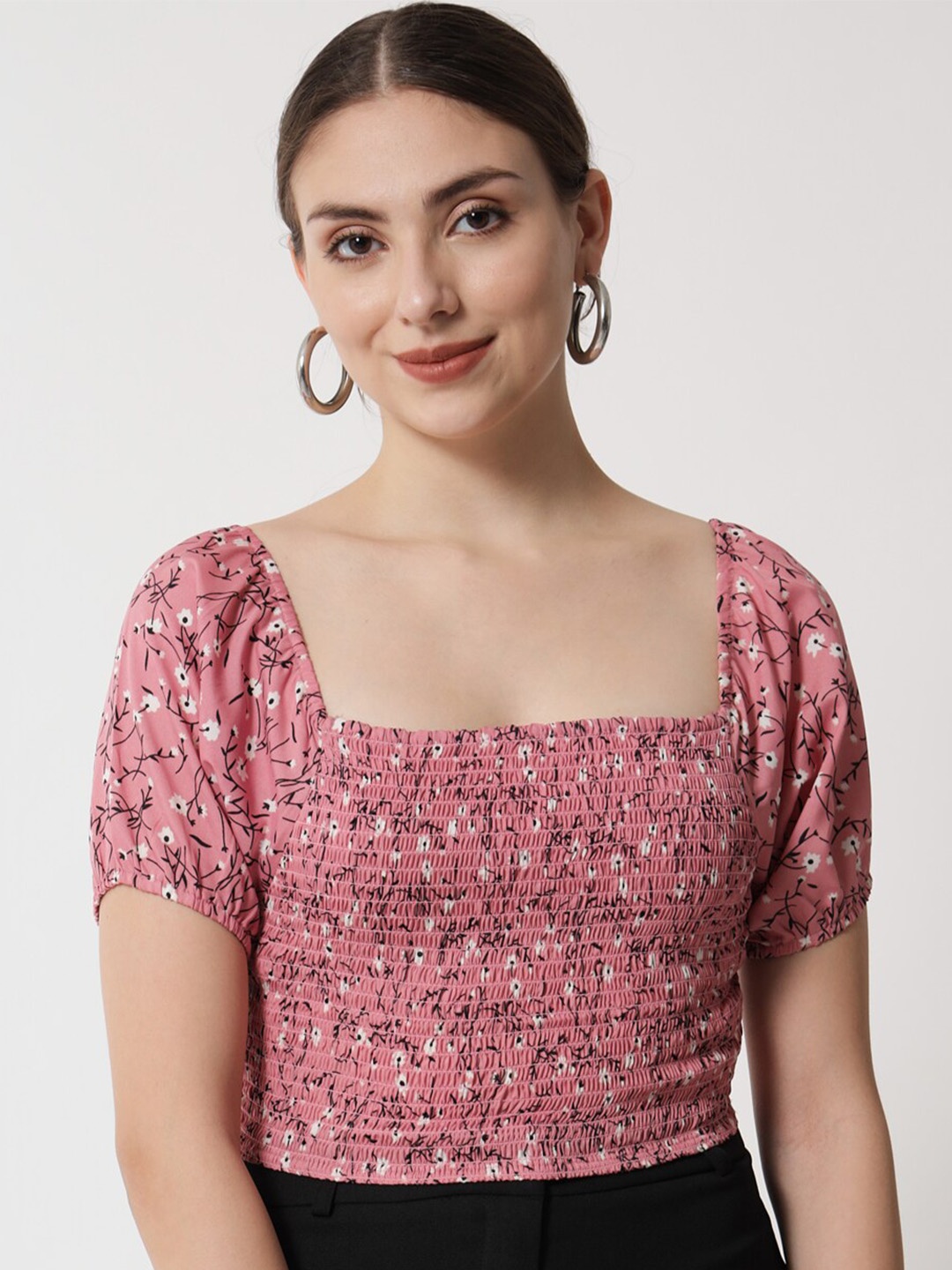 

Trend Arrest Floral Printed Square Neck Puffed Sleeves Smocking Crop Top, Pink