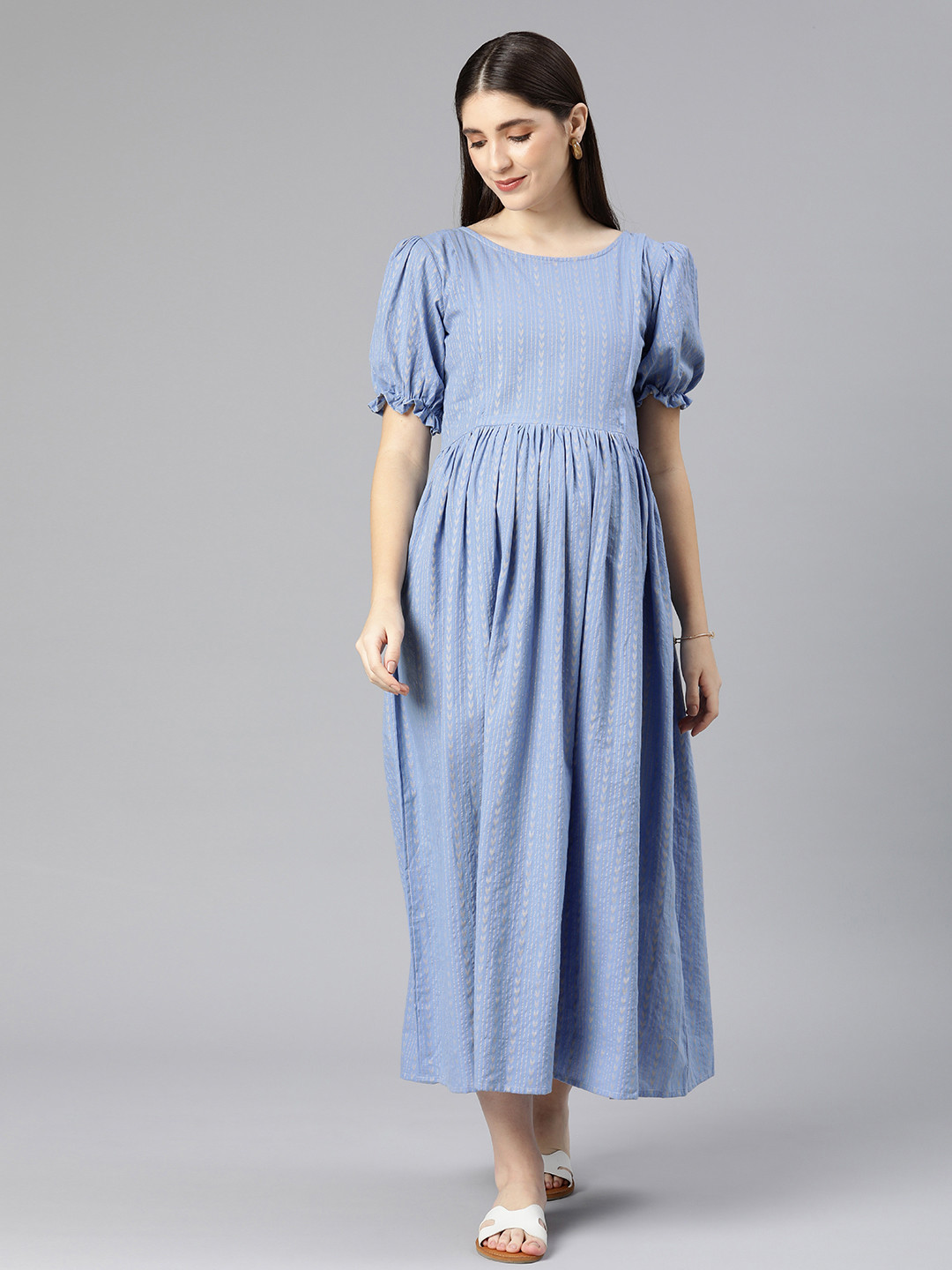 

Swishchick Self Design Puff Sleeve Maternity Fit & Flare Maxi Dress, Blue