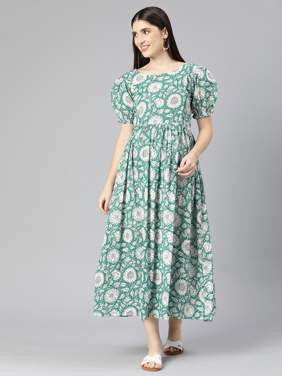 

Swishchick Floral Printed Puff Sleeve Maternity Fit & Flare Maxi Dress, Blue